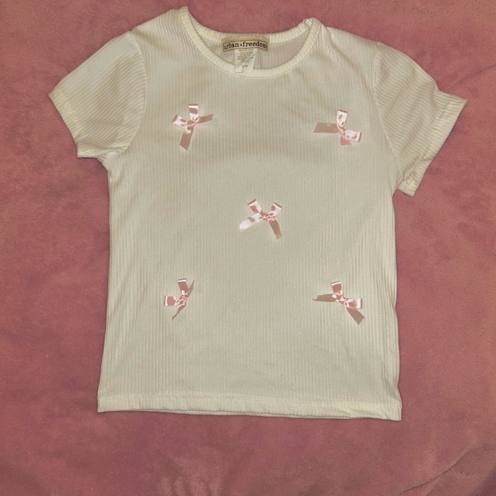 White Ribbed Crop Top with Pink Bow Embellishments